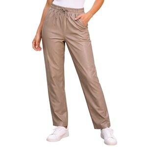 CALIA Faux Leather Jogger Pants Women Small Tan Drawstring High‎ Rise Pintuck